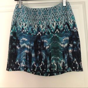 H&M Mini Skirt Blue Green Abstract Print Cotton Linen US 6